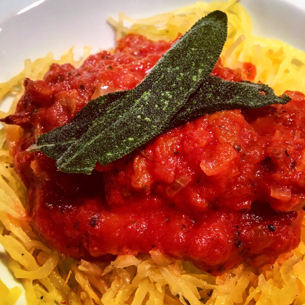 Spaghetti Squash with Bacon Tomato Sauce and Fried Sage